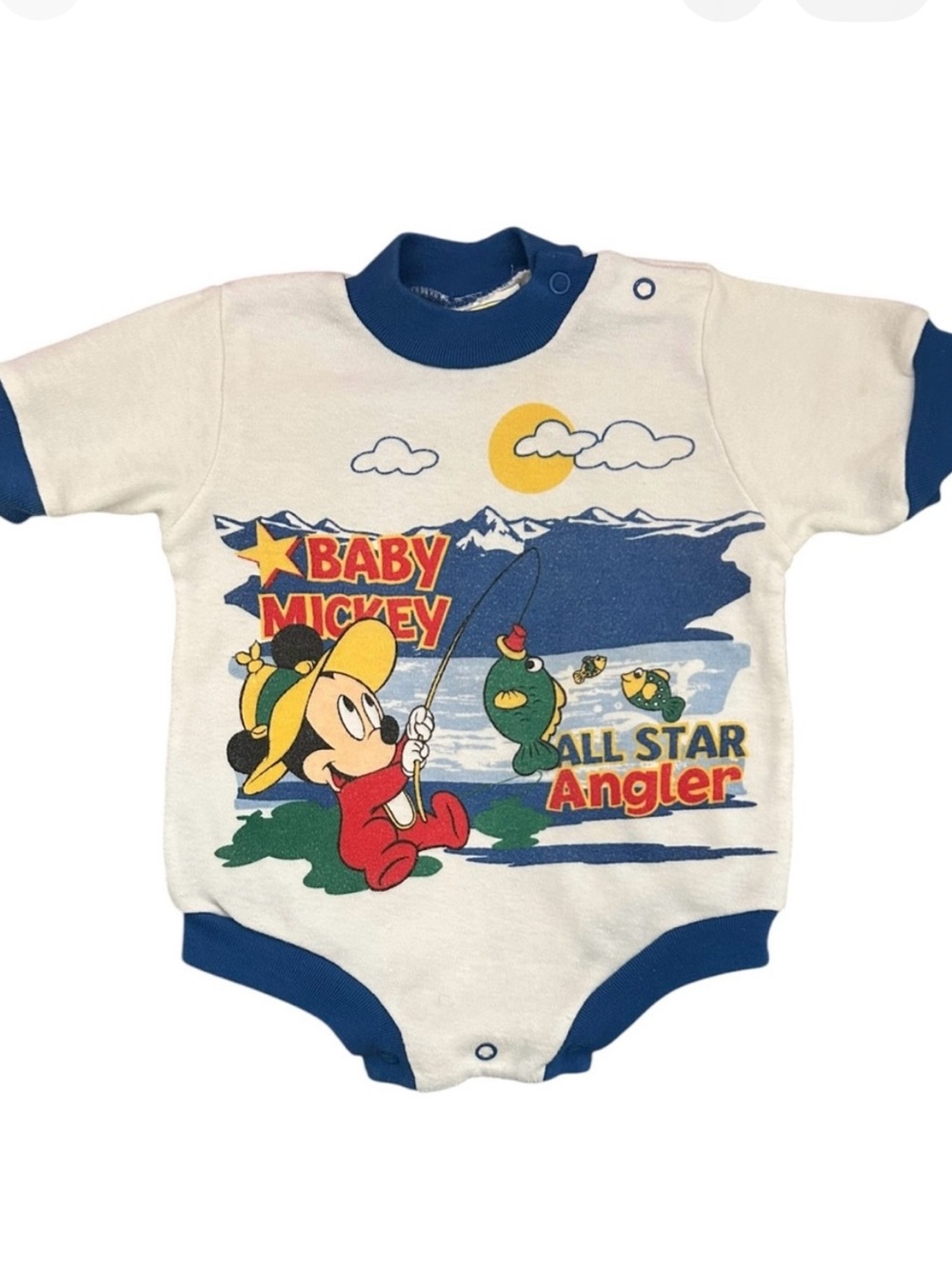 VTG 1980s Mickey Mouse All Star Angler One-Piece Body Suit Onesie.